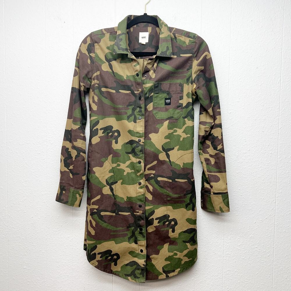 Vans Camouflage Button Front Shirt Dress Womens XS Breathable 100% Cotton